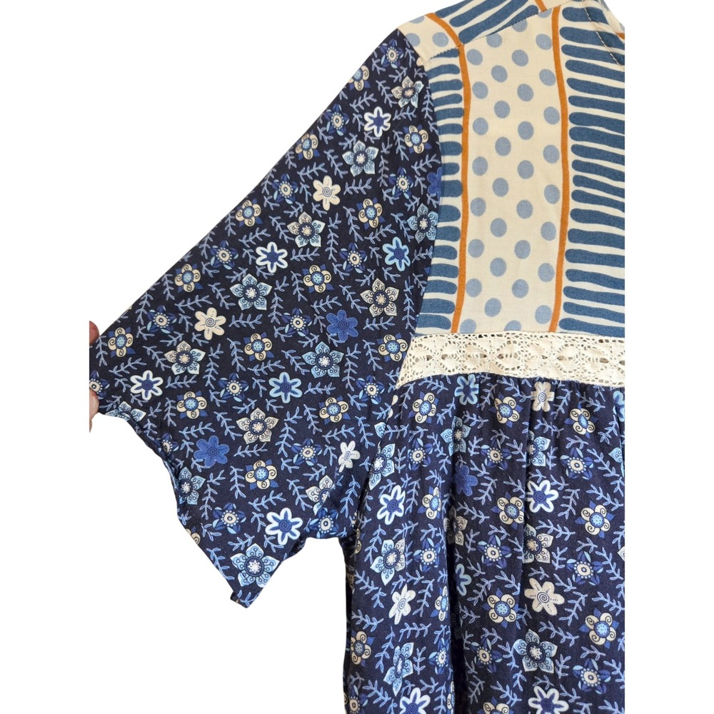Blue Tassel Womens L Boho Mixed Print Floral Polka Dot Lace Trim Blouse Blue - Picture 3 of 9
